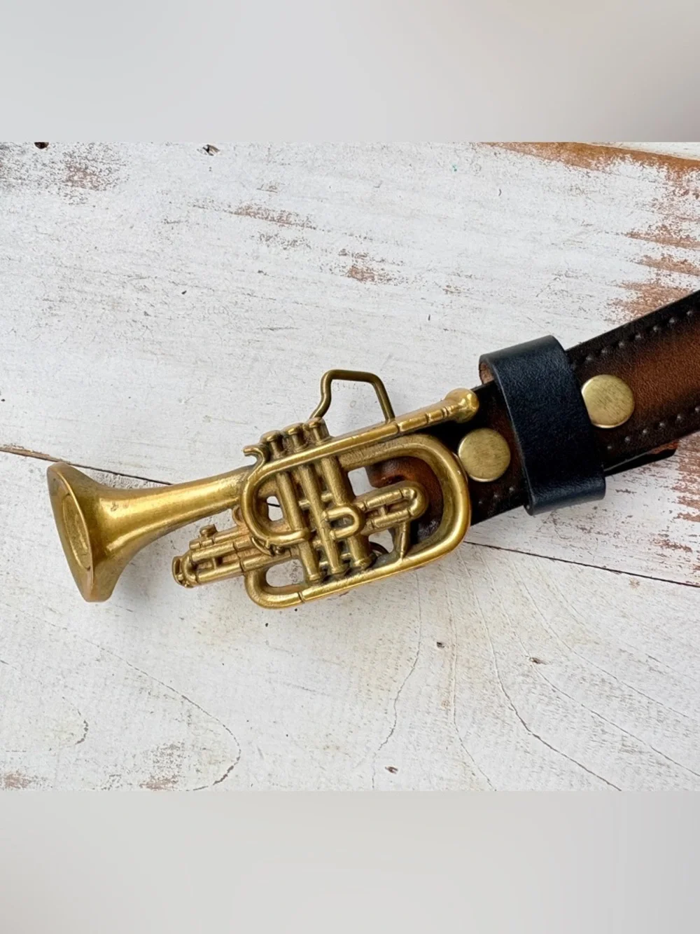 Vintage Baron solid Brass belt Buckle cornet trumpet music band 70s sz 34 belt